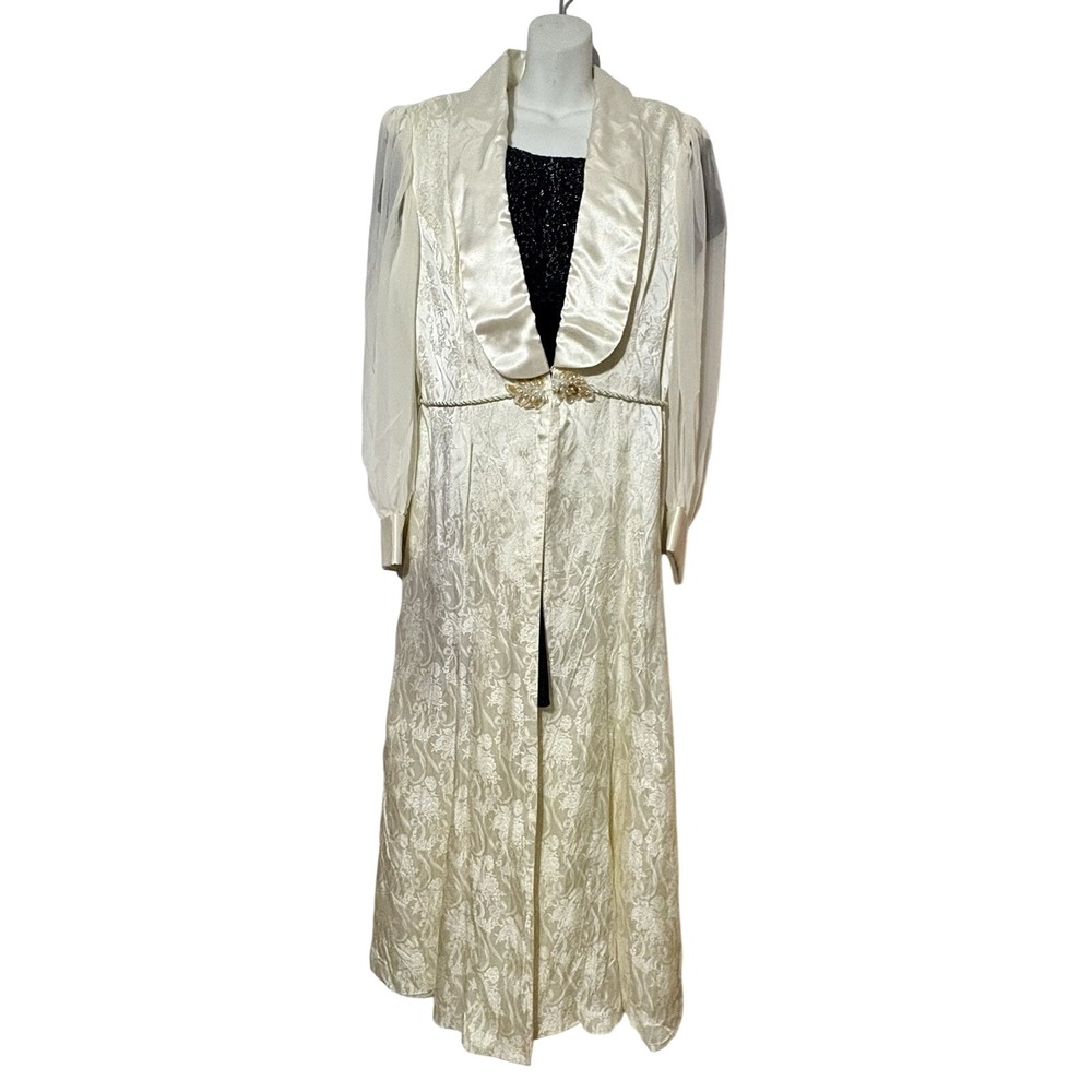 Vintage OOAK Whimsigoth Damask Satin Long Fairy GOWN Peignoir Robe Sequin bead